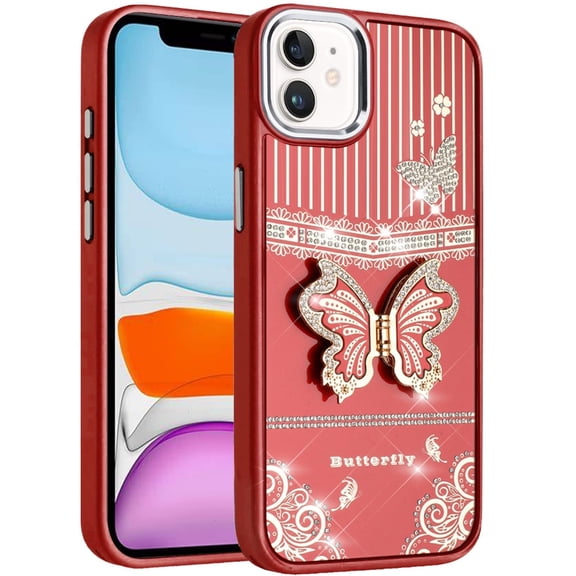 Phone Case for Apple iPhone 11 Glitter Bling Butterfly Stand Metallic Edge Hybrid Shockproof Grip Durable Camera Protection Stylish Design Cover [Red]