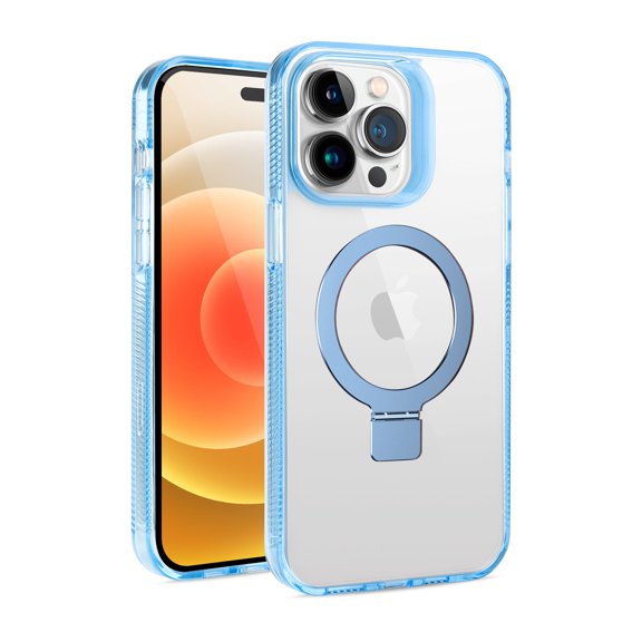 Phone Case for Apple iPhone 12 /12 Pro Transparent Dotted Edge Magnetic Ring Stand Shockproof Hybrid Grip Kickstand Clear Rugged Drop Protection Cover [Light Blue]