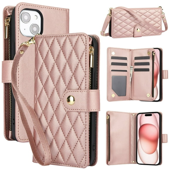 Phone Case for Apple iPhone 13, Premium iPhone 13 Case with Wallet, Card Holder, Coin Zipper Pocket Shockproof Flip Cover Stand with Wrist Strap & Detachable Shoulder Strap,Rosegold