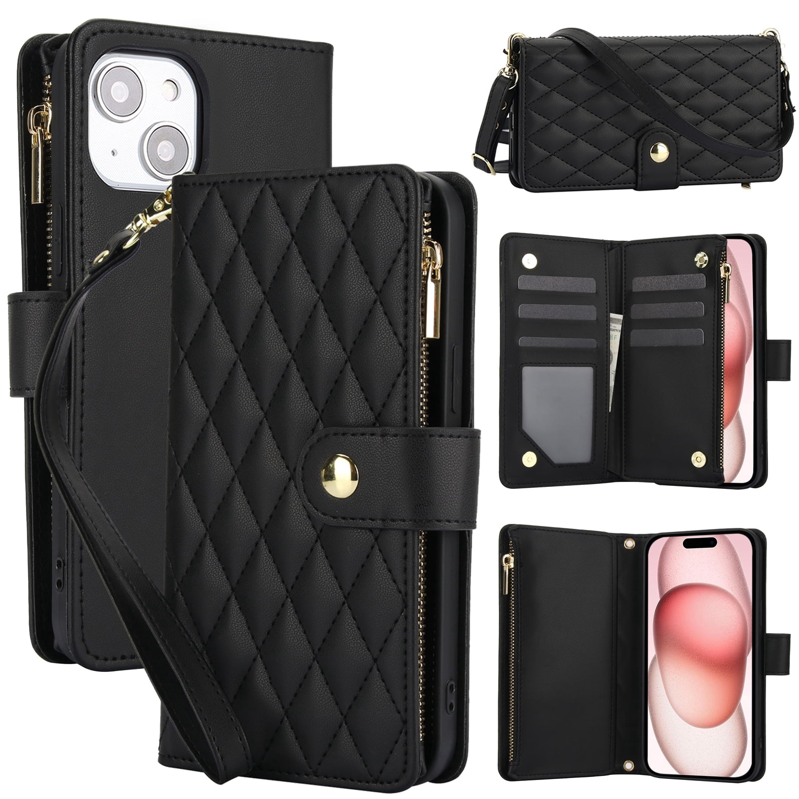 Phone Case for Apple iPhone 13, Premium iPhone 13 Case with Wallet, Card Holder, Coin Zipper Pocket Shockproof Flip Cover Stand with Wrist Strap & Detachable Shoulder Strap,Black