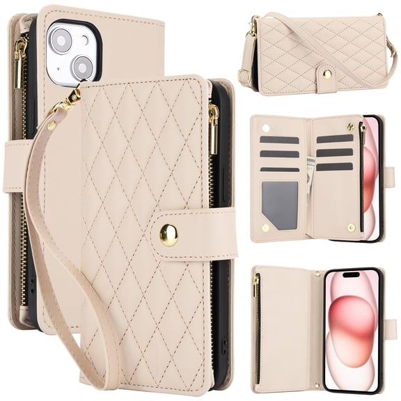 Phone Case for Apple iPhone 13, Premium iPhone 13 Case with Wallet, Card Holder, Coin Zipper Pocket Shockproof Flip Cover Stand with Wrist Strap & Detachable Shoulder Strap,Apricot