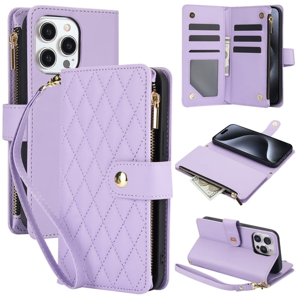 Phone Case for Apple iPhone 13 Pro Max, Premium iPhone 13 Pro Max Case with Wallet, Card Holder, Coin Zipper Pocket Shockproof Flip Cover Stand with Wrist Strap & Detachable Shoulder Strap,Purple