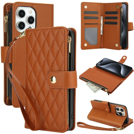 Phone Case for Apple iPhone 13 Pro Max, Premium iPhone 13 Pro Max Case with Wallet, Card Holder, Coin Zipper Pocket Shockproof Flip Cover Stand with Wrist Strap & Detachable Shoulder Strap,Brown