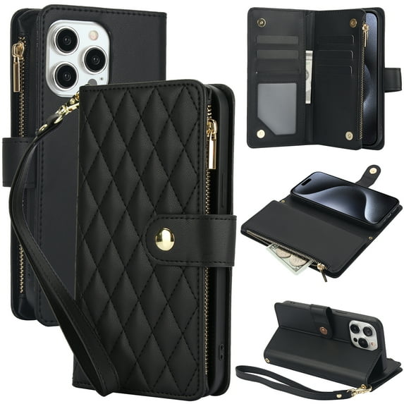 Phone Case for Apple iPhone 13 Pro, Premium iPhone 13 Pro Case with Wallet, Card Holder, Coin Zipper Pocket Shockproof Flip Cover Stand with Wrist Strap & Detachable Shoulder Strap,Black