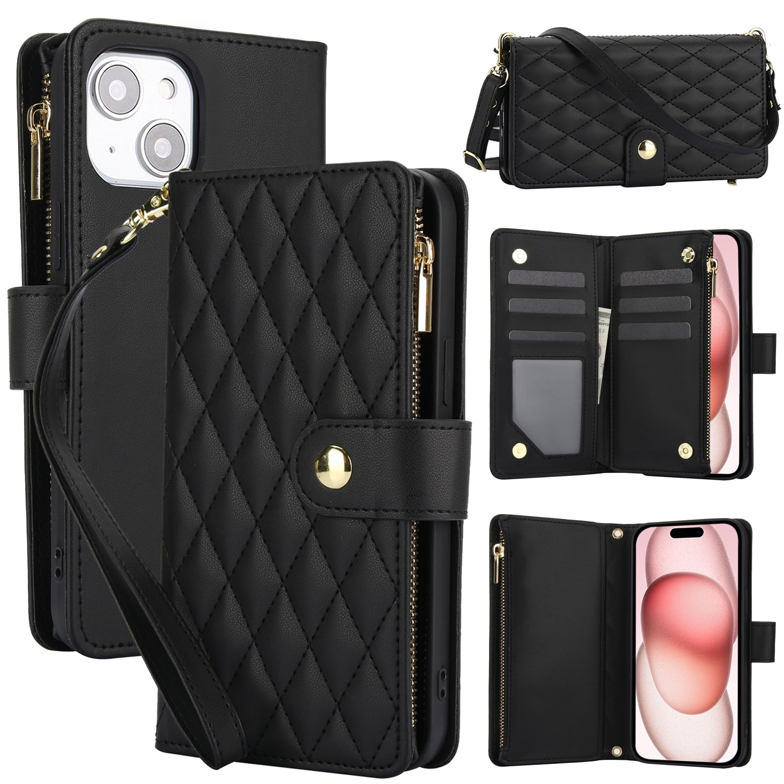 Phone Case for Apple iPhone 14 Plus, Premium iPhone 14 Plus Case with Wallet, Card Holder, Coin Zipper Pocket Shockproof Flip Cover Stand with Wrist Strap & Detachable Shoulder Strap,Black