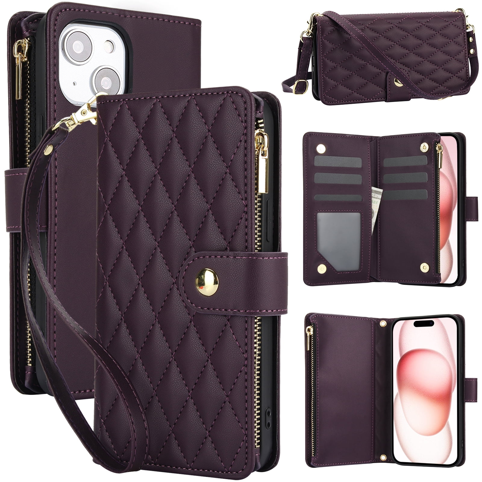 Phone Case for Apple iPhone 14 Plus, Premium iPhone 14 Plus Case with Wallet, Card Holder, Coin Zipper Pocket Shockproof Flip Cover Stand with Wrist Strap & Detachable Shoulder Strap,Darkpurple