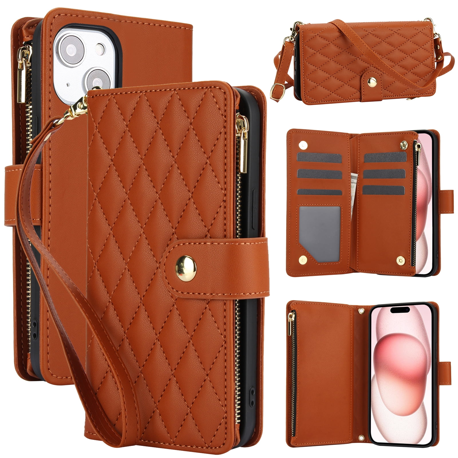 Phone Case for Apple iPhone 14 Plus, Premium iPhone 14 Plus Case with Wallet, Card Holder, Coin Zipper Pocket Shockproof Flip Cover Stand with Wrist Strap & Detachable Shoulder Strap,Brown