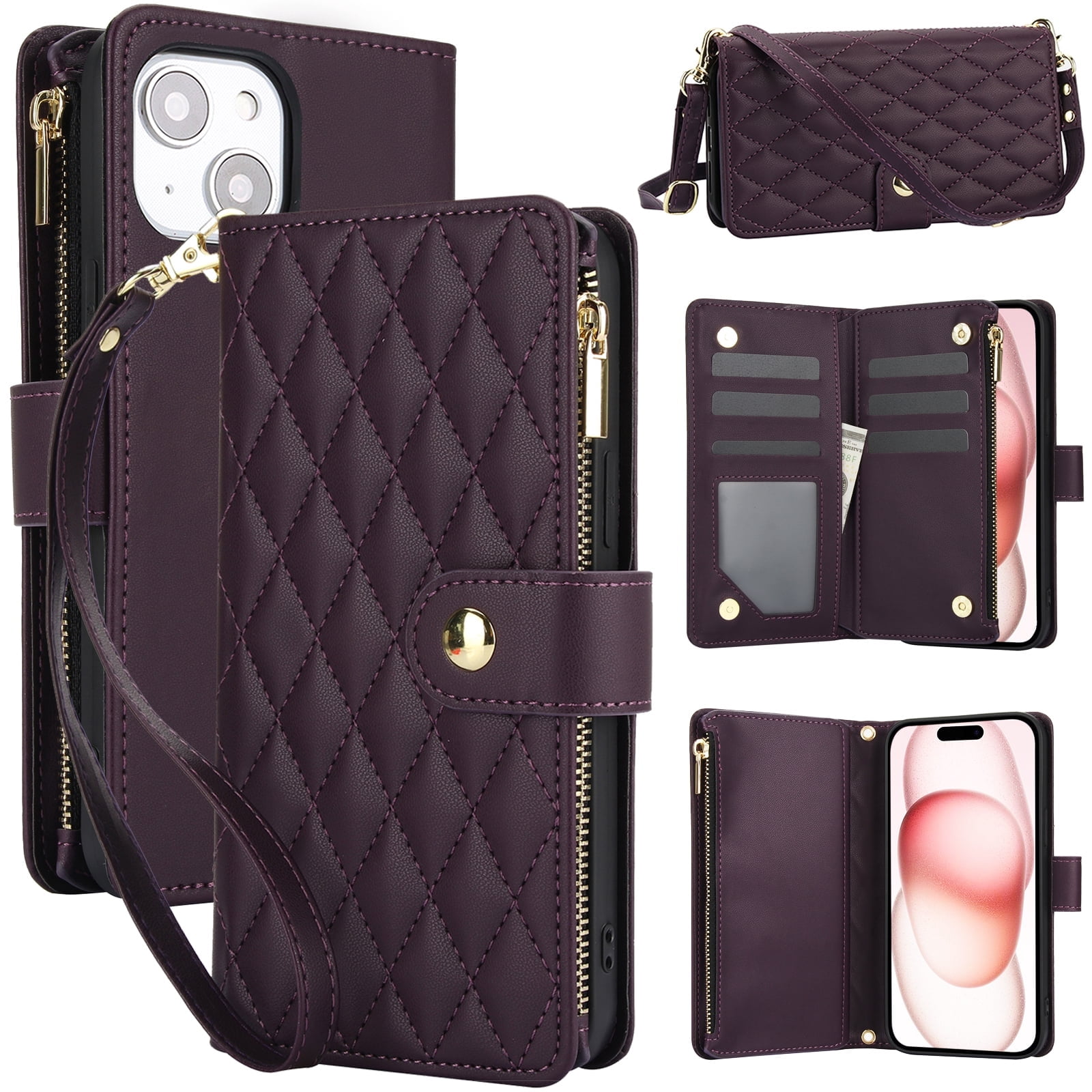 Phone Case for Apple iPhone 14, Premium iPhone 14 Case with Wallet, Card Holder, Coin Zipper Pocket Shockproof Flip Cover Stand with Wrist Strap & Detachable Shoulder Strap,Darkpurple