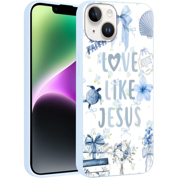 Phone Case for Apple iPhone 14/iPhone 13 6.1", Cute Blue Bow Floral Cherry Design Case Bible Verse Christian God Jesus Aesthetic Cover for Girls Women