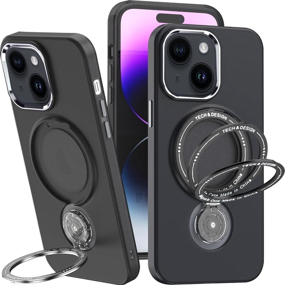 Phone Case for Apple iPhone 15 Compatible with MagSafe, Military Grade Drop Tested with 360 Ring Metal Kickstand Clear Cover Case for iPhone 15 XZ Black