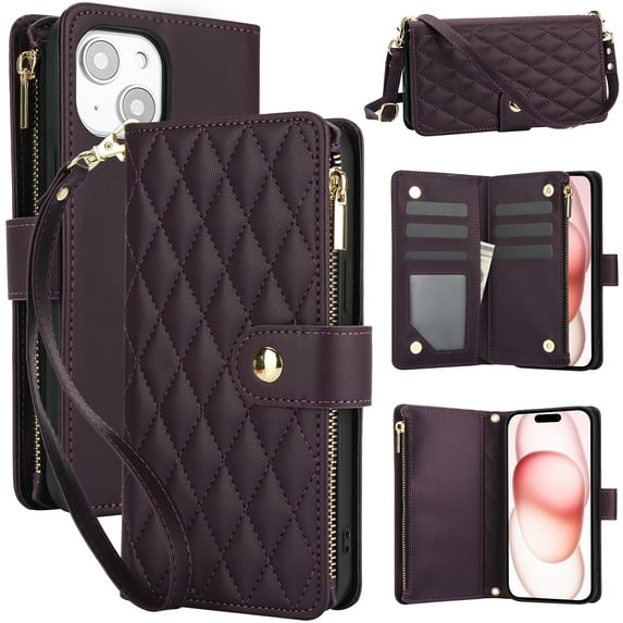 Phone Case for Apple iPhone 15 Plus, Premium iPhone 15 Plus Case with Wallet, Card Holder, Coin Zipper Pocket Shockproof Flip Cover Stand with Wrist Strap & Detachable Shoulder Strap,Darkpurple