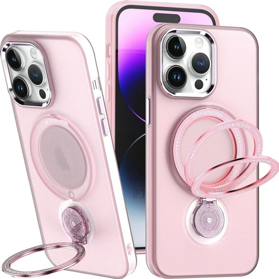 Phone Case for Apple iPhone 15 Pro Compatible with MagSafe, Military Grade Drop Tested with 360 Ring Metal Kickstand Clear Cover Case for iPhone 15 Pro XZ Pink