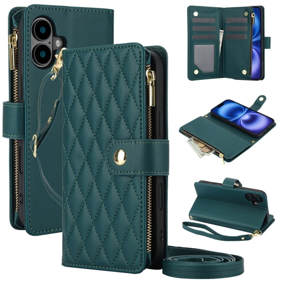 Phone Case for Apple iPhone 16 Plus, Premium iPhone 16 Plus Case with Wallet, Card Holder, Coin Zipper Pocket Shockproof Flip Cover Stand with Wrist Strap & Detachable Shoulder Strap,Green