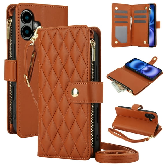 Phone Case for Apple iPhone 16 Plus, Premium iPhone 16 Plus Case with Wallet, Card Holder, Coin Zipper Pocket Shockproof Flip Cover Stand with Wrist Strap & Detachable Shoulder Strap,Brown