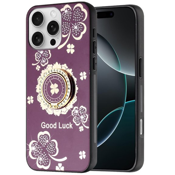 Phone Case for Apple iPhone 16 Pro Max Diamond 3D Fashion Floral Glitter Engraved Luxury Bling Hybrid Shockproof Chrome Edge Protective Grip Cover [Good Luck Floral Dark Cherry]