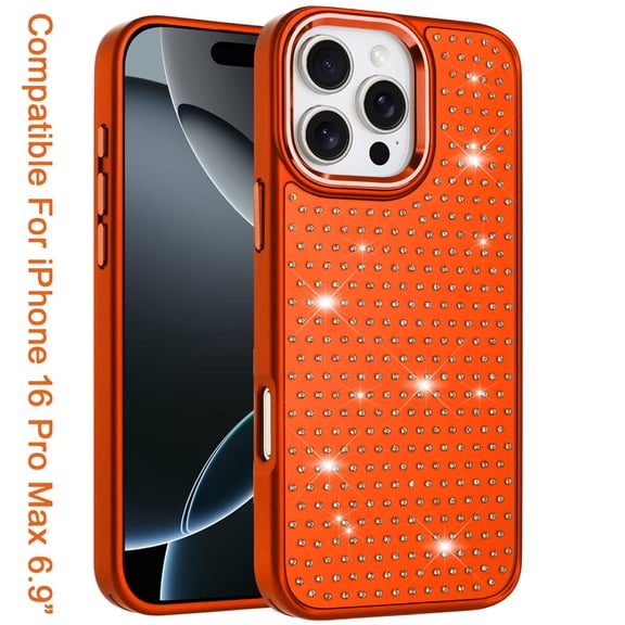Phone Case for Apple iPhone 16 Pro Max Luxury Diamond Bling Sparkle Chrome Metallic Edge Shockproof Durable Protective Stylish Premium Hybrid Design Cover Orange