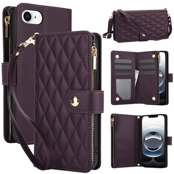 Phone Case for Apple iPhone 17e, Premium iPhone 16e Case with Wallet, Card Holder, Coin Zipper Pocket Shockproof Flip Cover Stand with Wrist Strap & Detachable Shoulder Strap,Darkpurple