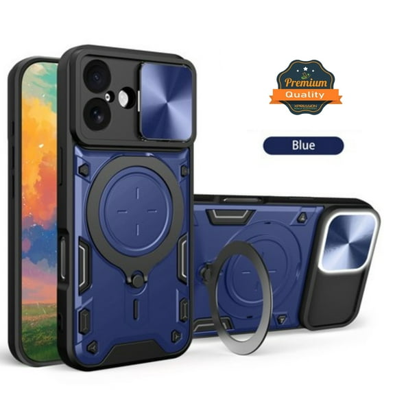 Phone Case for Apple iPhone 17 Hybrid Shockproof with Magnetic Ring Stand, Compatible with Magsafe & Sliding Camera Lens Protector Cover Fit for Apple iPhone 17 (6.3") (Blue)