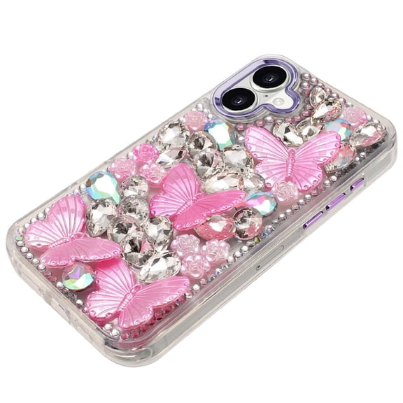 Phone Case for Apple iPhone 17 Luxury 3D Floral Butterfly Bling Rhinestone Glitter Shockproof Stylish Protective Hybrid Designer Metallic Cover Purple