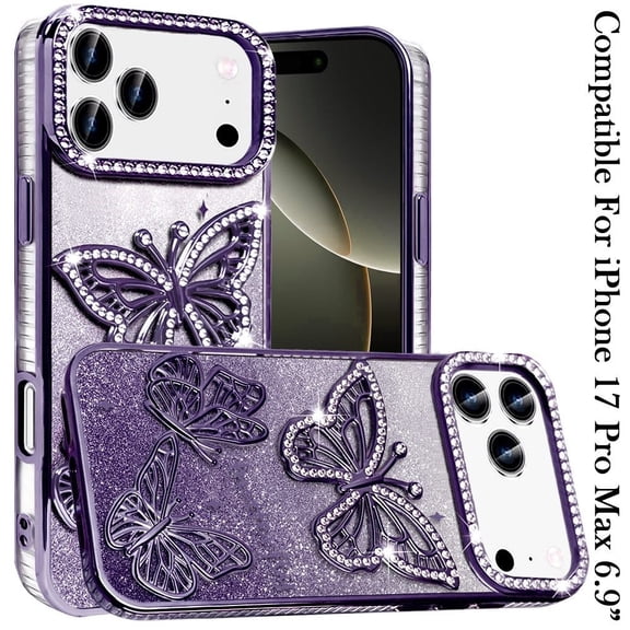 Phone Case for Apple iPhone 17 Pro Max (6.9") Butterfly Freedom Shimmer Glitter Thick TPU Shockproof Anti Slip Durable Protective Design Cover Purple