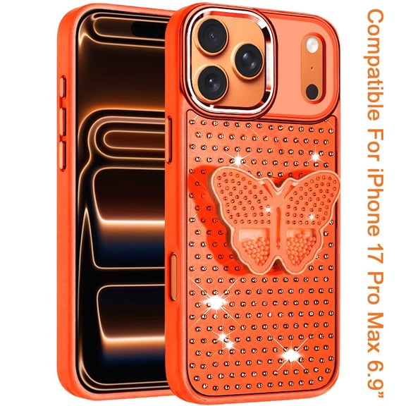 Phone Case for Apple iPhone 17 Pro Max (6.9") Butterfly Grip Pop Stand Diamond Sparkle Hybrid Shockproof Metal Button Slim Protective Grip Decorative Design Cover [Cosmic Orange]