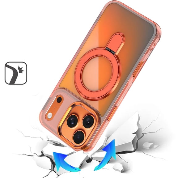 Phone Case for Apple iPhone 17 Pro Max (6.9") Chrome Magnetic Ring Stand Rotational Shockproof Hybrid Kickstand Metal Finish Rugged Drop Protection Armor Cover Orange