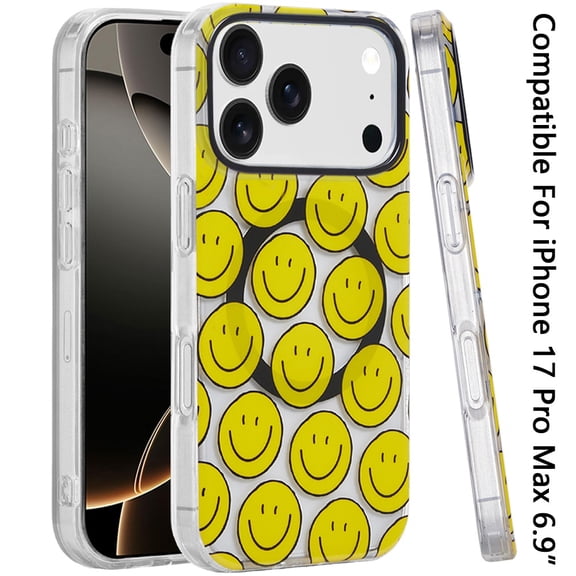 Phone Case for Apple iPhone 17 Pro Max (6.9") Shockproof Dual Layer TPU IMD Print Rugged Anti-Slip Grip Drop Protection Scratch Resistant Slim Fit Glossy Floral Heart Aesthetic Cover [Smiley Faces]