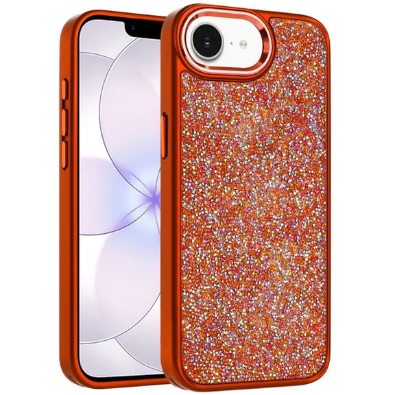 Phone Case for Apple iPhone 17E /16E Crystal Glass Bling Diamond Metallic Edge Shockproof Durable Protective Clear Hybrid Stylish Premium Design Cover [Cosmic Orange]