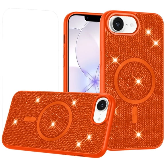 Phone Case for Apple iPhone 17E /16E Magnetic Bling Diamond Sparkle Hybrid Shockproof Rugged Grip Durable Protection Anti-Slip Armor Design Cover [Cosmic Orange]