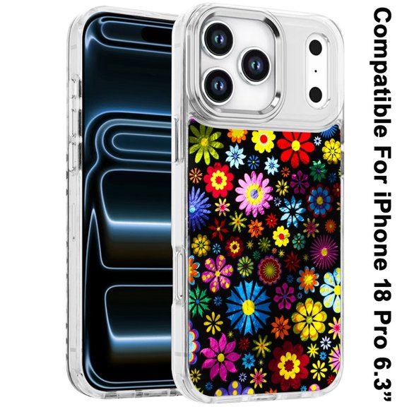 Phone Case for Apple iPhone 18 Pro Luxury Glitter Epoxy Design Chrome Metallic Edge Shockproof Protective Stylish Fashion Durable Slim Premium Finish Cover [Colorful Spring Flowers]