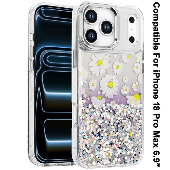 Phone Case for Apple iPhone 18 Pro Max Luxury Glitter Epoxy Design Chrome Metallic Edge Shockproof Protective Stylish Fashion Durable Slim Premium Finish Cover [Yellow Daisy Flower]