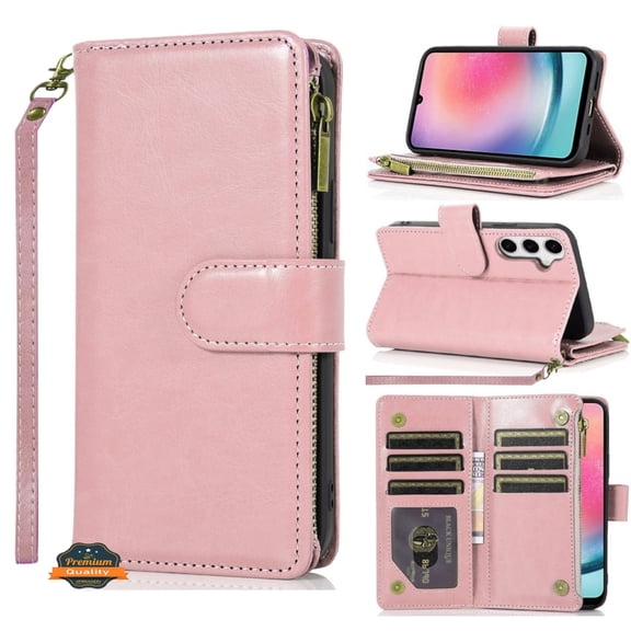 Phone Case for Apple iPhone SE 3 (2022) SE/8/7 Luxury Leather Wallet Card Holder Zipper Pocket Money Storage Protective Grip Design with Strap Cover Gold