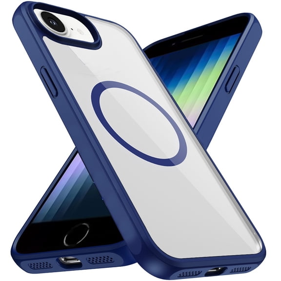 Phone Case for Apple iPhone SE 3 (2022) SE/8/7 Transparent Magnetic HQ Shockproof Hybrid 2.0mm Thick AntiSlip Grip Drop Protection Rugged Clear Durable Impact Cover [Navy Blue]