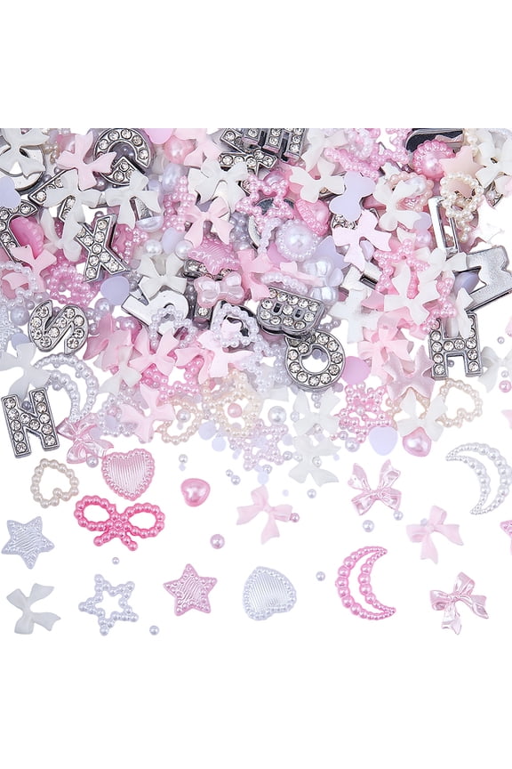 Phone Case Charms Kit Letter Charms Alloy Rhinestone Initial Slide Charms with Cute Lovely Pink Bowknot Heart Moon Resin Cabochon Findings