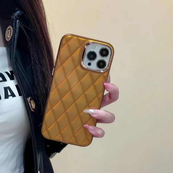 Phone Case Compatible with Apple iPhone 14 Pro Max, Luxury Ultra Slim Plating Rhombic Lattice TPU Shockproof Drop Protective Women Girls Phone Case Cover for iPhone 14 Pro Max, Brown