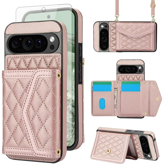 Phone Case Compatible with Google Pixel 9 Pro XL Wallet Cell Cover Tempered Glass Screen Protector RFID Blocking Credit Card Holder Crossbody Strap Stand Pixel9 9Pro 9ProXL Nine Women Girls Rose Gold
