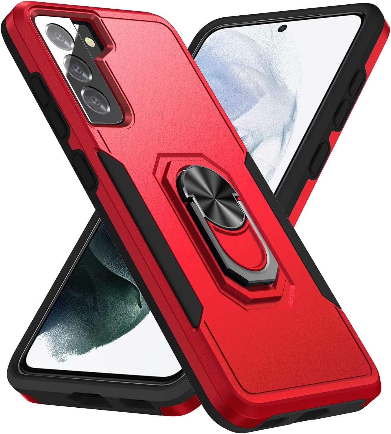 Phone Case Compatible with Samsung Galaxy S21 6.2 Inch,Galaxy S21 5g Dual Layer Cell Phone Case Waterproof Shockproof with 360° Rotation Ring Kickstand,Support Magnet Car Mount (Red+Black)