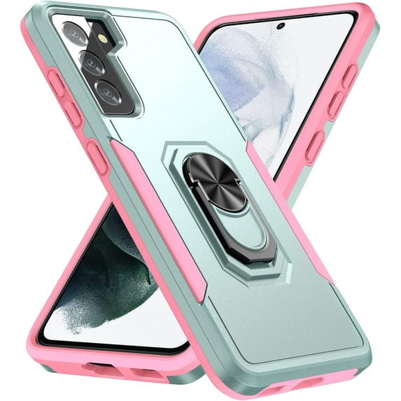Phone Case Compatible with Samsung Galaxy S21 6.2 Inch,Galaxy S21 5g Dual Layer Cell Phone Case Waterproof Shockproof with 360° Rotation Ring Kickstand,Support Magnet Car Mount(Green+Pink)