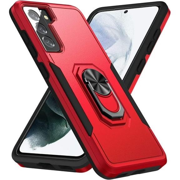 Phone Case Compatible with Samsung Galaxy S21 6.2 Inch,Galaxy S21 5g Dual Layer Cell Phone Case Waterproof Shockproof with 360° Rotation Ring Kickstand,Support Magnet Car Mount (Red+Black)
