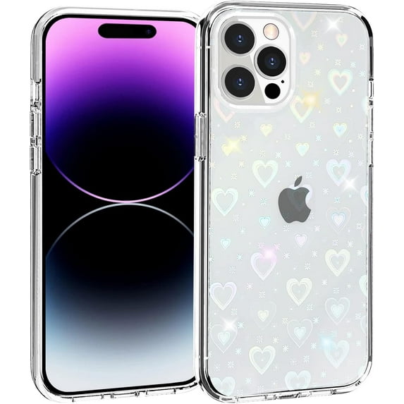 Phone Case Compatible for iPhone 14 Pro, Clear Case Slim Cover with Heart Design Reflection Insert Sheet Cute Pattern Decoration Film for Women Girls
