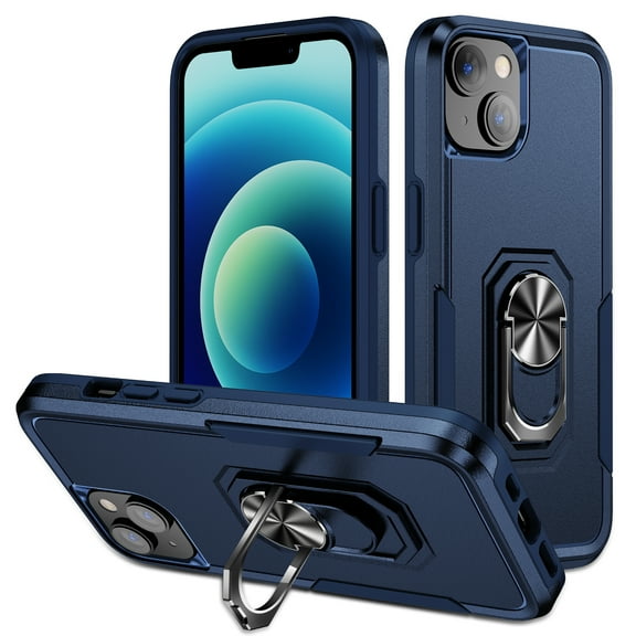 Phone Case Compatible with iPhone 13, Cover with Magnetic Ring Holder Stand Hybrid Rugged Shockproof Drop Proof Heavy Duty Cell Accessories for iPhone 13 Women Men, Blue/Blue