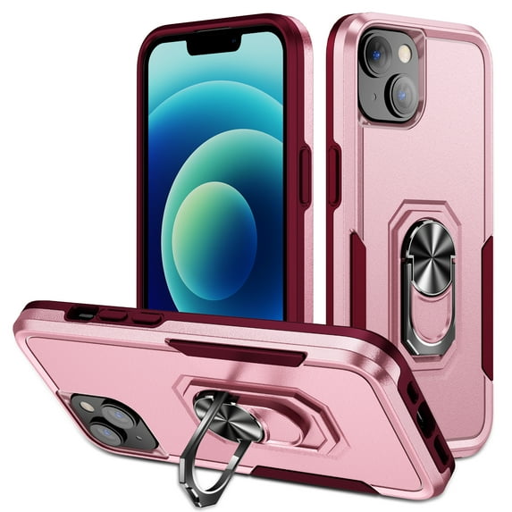 Phone Case Compatible with iPhone 13, Cover with Magnetic Ring Holder Stand Hybrid Rugged Shockproof Drop Proof Heavy Duty Cell Accessories for iPhone 13 Women Men, Pink/Rose