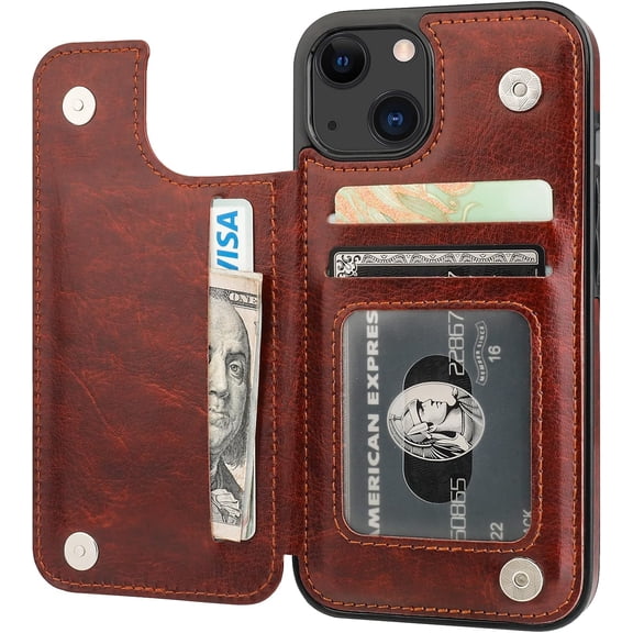 Phone Case Compatible for iPhone 13 Wallet Case with Card Holder, PU Leather Kickstand Card Slots Case, Double Magnetic Clasp Durable Shockproof Cover