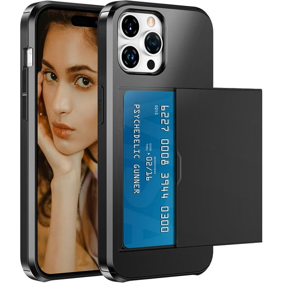 Phone Case Compatible with iPhone 15 Pro Max Wallet Case with Credit Card Holder ID Card Slot Shockproof Hard PC TPU Slide Flip Protective Cover for 15 Pro Max 6.7 inch(Black)