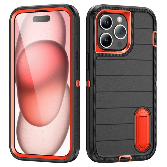 Phone Case Compatible with iPhone 16, Luxury Military-Grade Drop Protection Support Wireless Charging Ultra Slim Hybrid Back Case Cover with Kickstand for iPhone 16, Black+Orange