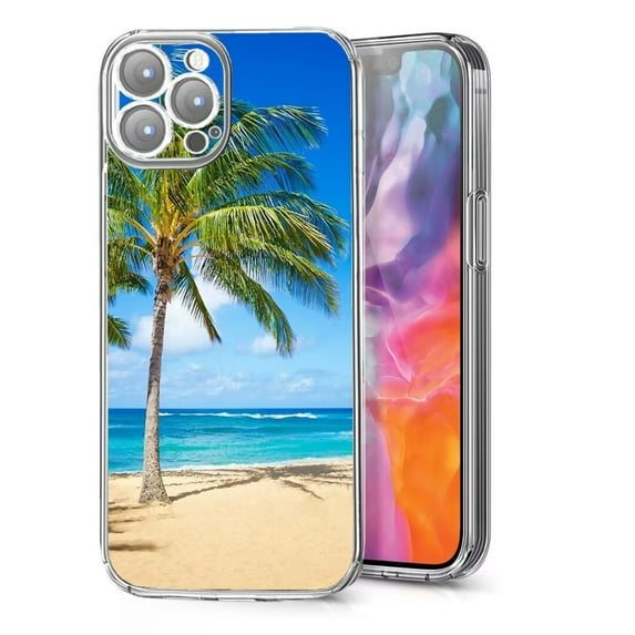 Phone Case Compatible with iPhone 14 Pro Palm Trees on The Sandy Beach in Hawaii Soft Side Striped Phone Cover