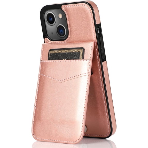 Phone Case Compatible with iPhone 14 & iPhone 13, Leather Wallet Case with Card Holder Slots Kickstand Protective Cover for Men and Women, Rose Gold