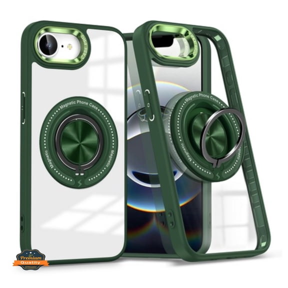 Phone Case Cover for Apple iPhone 17E /iPhone 16E Clear Transparent Back Hybrid with Rotating Ring Stand, MagSafe Compatible Shockproof Slim TPU PC (Green)