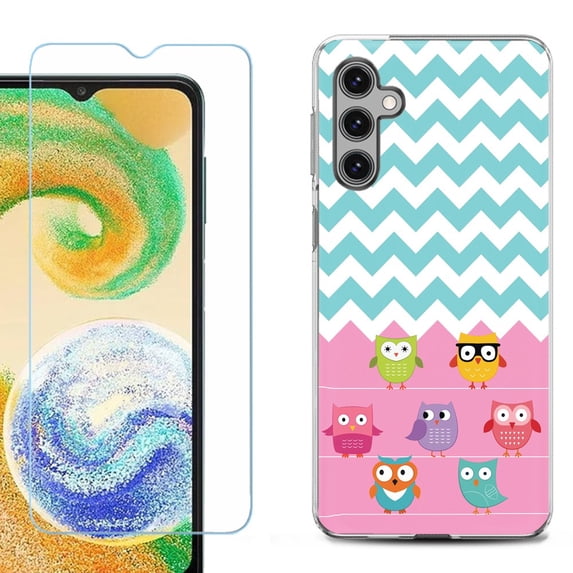 Phone Case Cover for Samsung Galaxy A35 5G, with Tempered Glass Screen Protector, by OneToughShield - Chevron/Teal/Owl