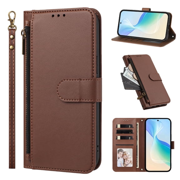 Phone Case for Doogee Note 56 / Note 56 Pro, Shockproof PU Leather Flip Wallet Case with 4 Card Slots Stand Magnetic Zipper Pocket Cover for Doogee Note 56 / Note 56 Pro, Brown